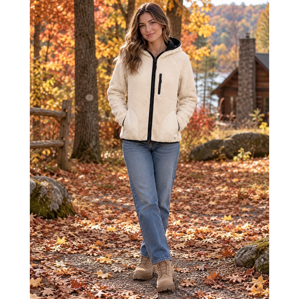 FILA Sport Sherpa Hooded Jacket Small Ivory Cream Teddy Fleece Full Zip Cozy